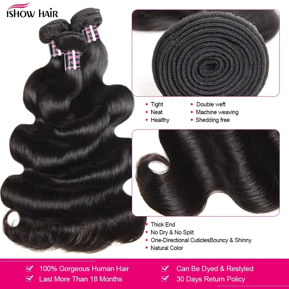 Ishow Body Wave Bundles Human Hair Brazilian Weaving Natural Black 1 3 4 Bundles Deal Virgin Hair 100% Human Hair Extensions