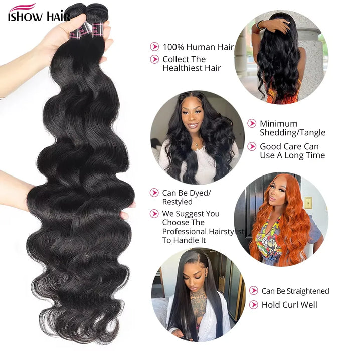 Ishow Body Wave Bundles Human Hair Brazilian Weaving Natural Black 1 3 4 Bundles Deal Virgin Hair 100% Human Hair Extensions