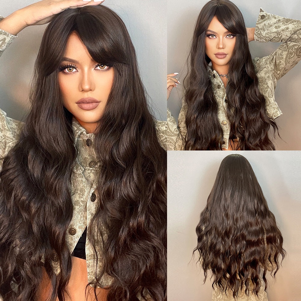 TINY LANA Natural Black Long Wavy Synthetic Wig with Bangs for Women Body Wave Dark Brown Wigs Cosplay Daily Hair Heat Resistant