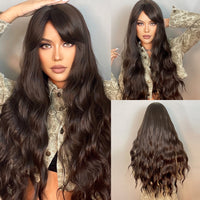 TINY LANA Natural Black Long Wavy Synthetic Wig with Bangs for Women Body Wave Dark Brown Wigs Cosplay Daily Hair Heat Resistant