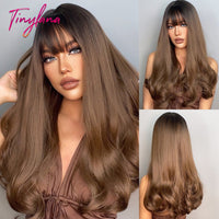 TINY LANA Natural Black Long Wavy Synthetic Wig with Bangs for Women Body Wave Dark Brown Wigs Cosplay Daily Hair Heat Resistant