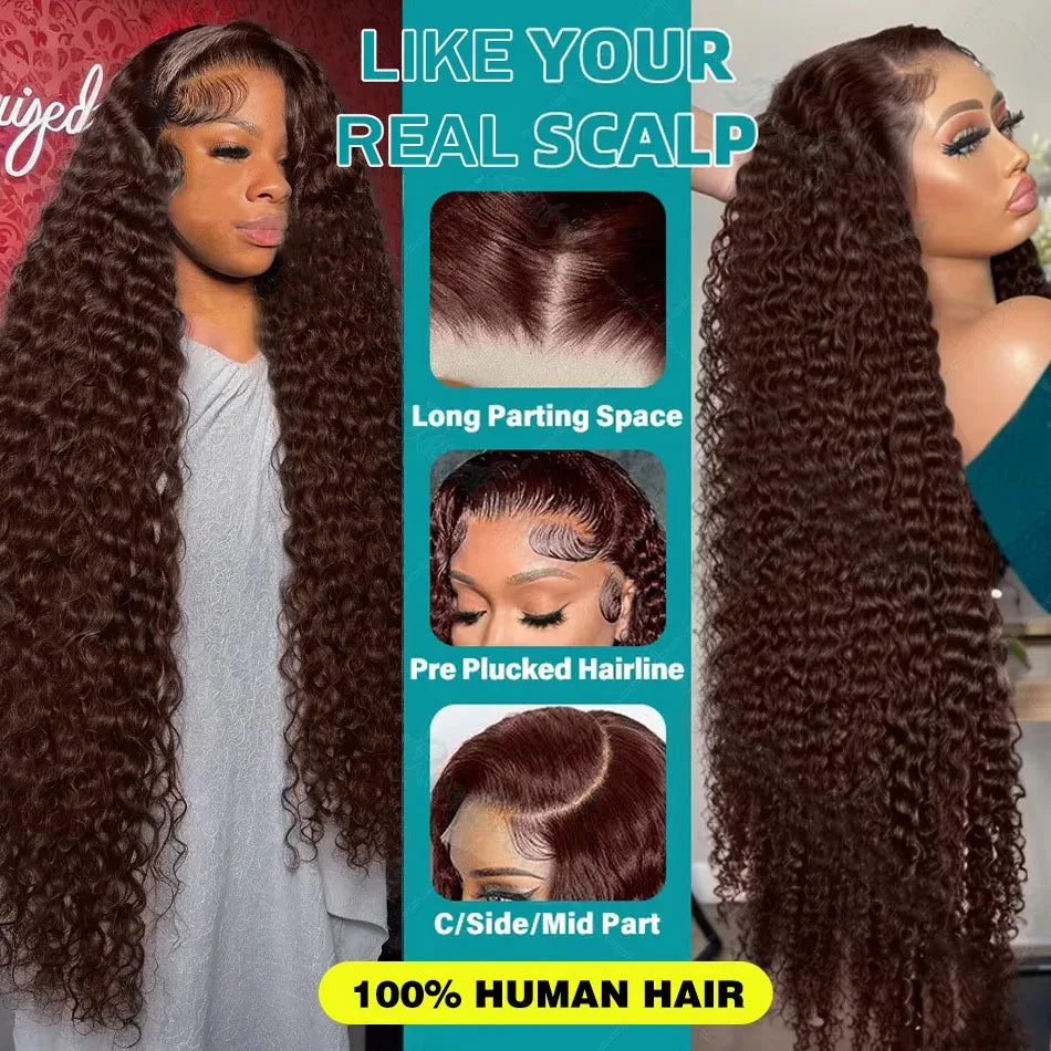 YKB 300 High Density Curly Wigs Human Hair Chocolate Brown Deep Water Wave 13X6 HD Lace Frontal Brazilian #2 Colored Raw Wig