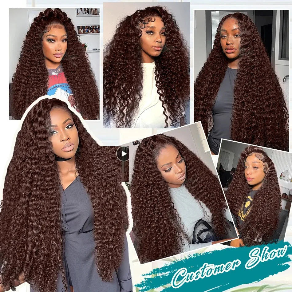 YKB 300 High Density Curly Wigs Human Hair Chocolate Brown Deep Water Wave 13X6 HD Lace Frontal Brazilian #2 Colored Raw Wig