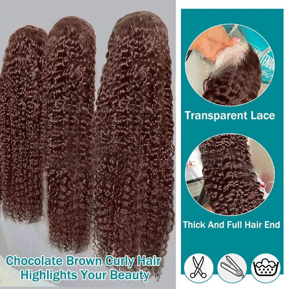 YKB 300 High Density Curly Wigs Human Hair Chocolate Brown Deep Water Wave 13X6 HD Lace Frontal Brazilian #2 Colored Raw Wig