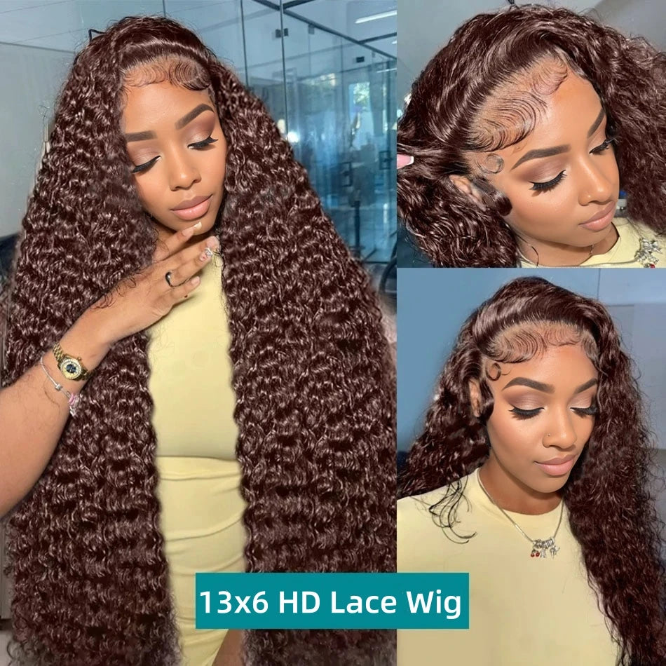 YKB 300 High Density Curly Wigs Human Hair Chocolate Brown Deep Water Wave 13X6 HD Lace Frontal Brazilian #2 Colored Raw Wig