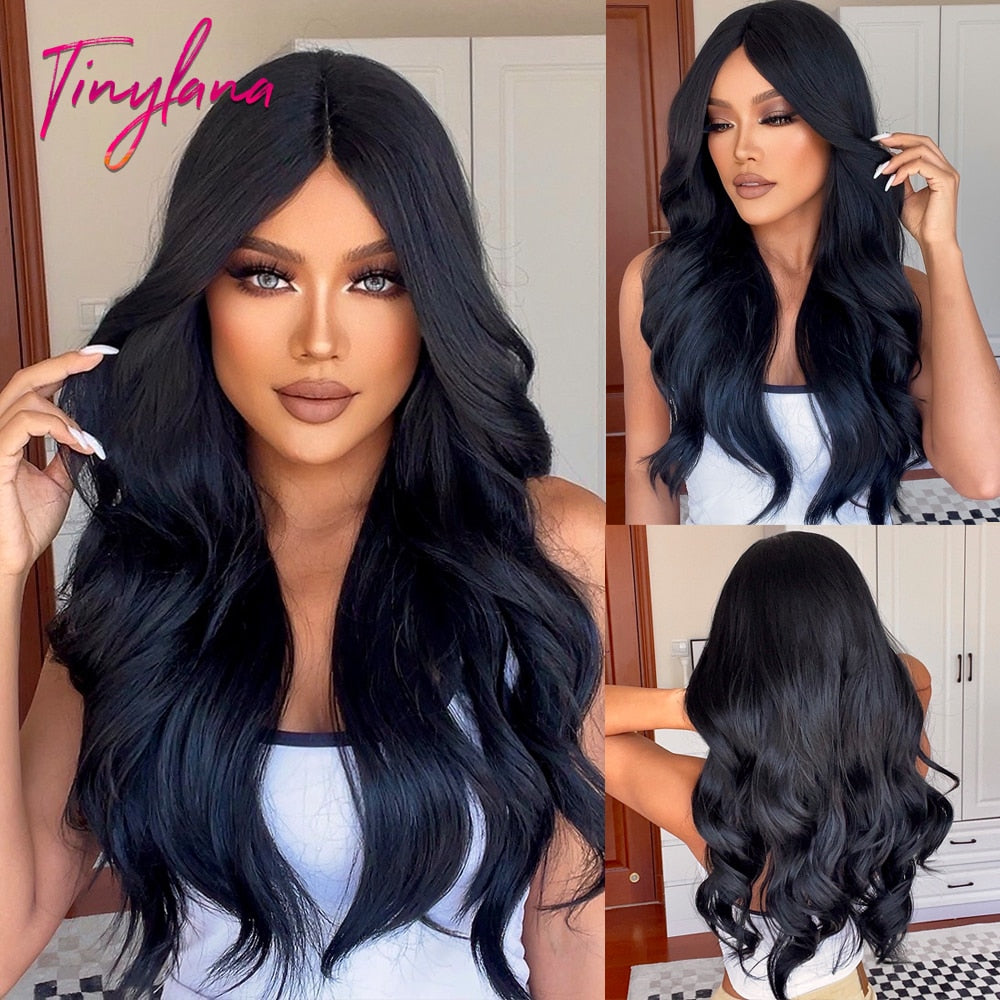 TINY LANA Natural Black Long Wavy Synthetic Wig with Bangs for Women Body Wave Dark Brown Wigs Cosplay Daily Hair Heat Resistant