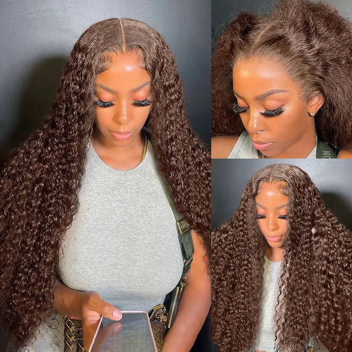 YKB 300 High Density Curly Wigs Human Hair Chocolate Brown Deep Water Wave 13X6 HD Lace Frontal Brazilian #2 Colored Raw Wig