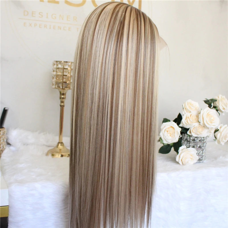 Highlight Wig Blonde Lace Front Wig Ombre Synthetic Hair Silk Base Closure Wig Middle Part Long Straight Hair