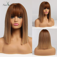ALAN EATON Short Silky Straight Synthetic Wigs with Bangs Black Brown Lolita Bobo Wigs For Women Cosplay Daily Heat Resistant