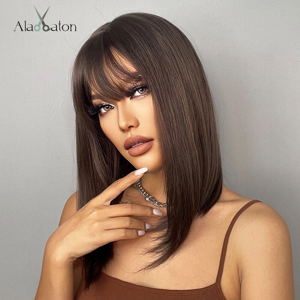 ALAN EATON Short Silky Straight Synthetic Wigs with Bangs Black Brown Lolita Bobo Wigs For Women Cosplay Daily Heat Resistant