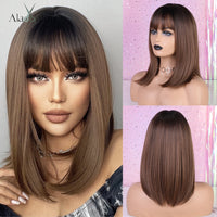 ALAN EATON Short Silky Straight Synthetic Wigs with Bangs Black Brown Lolita Bobo Wigs For Women Cosplay Daily Heat Resistant