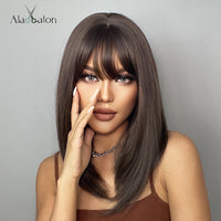 ALAN EATON Short Silky Straight Synthetic Wigs with Bangs Black Brown Lolita Bobo Wigs For Women Cosplay Daily Heat Resistant
