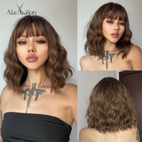 ALAN EATON Short Silky Straight Synthetic Wigs with Bangs Black Brown Lolita Bobo Wigs For Women Cosplay Daily Heat Resistant