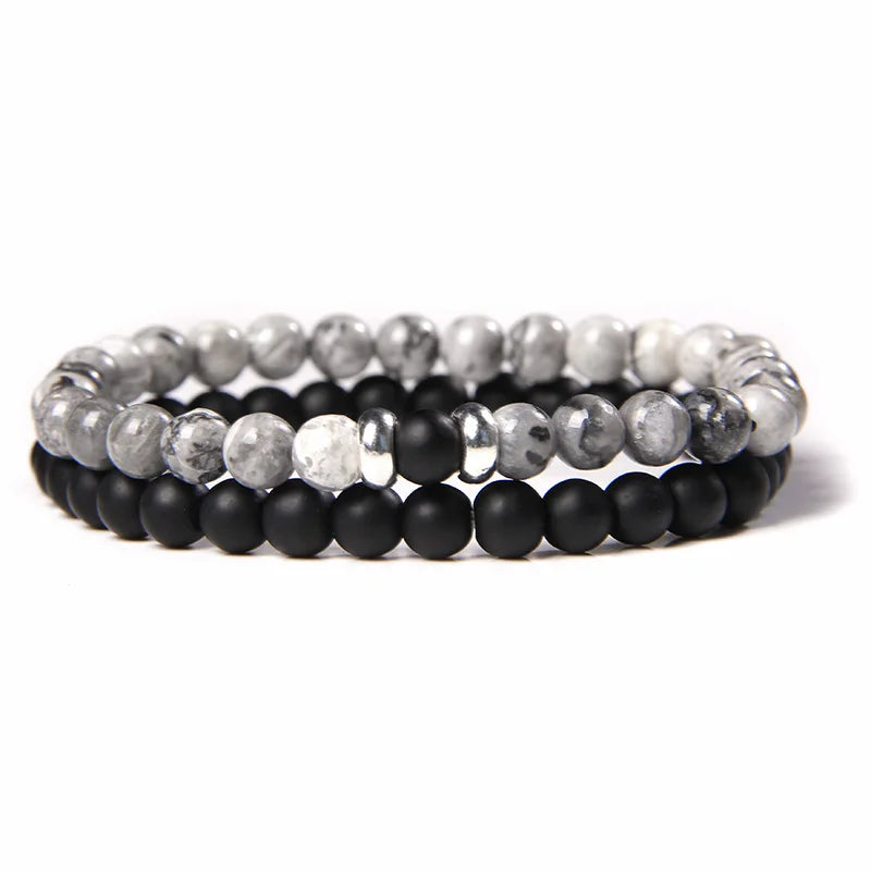 2Pcs/Set Couples Distance Bracelets male Black Lava Stone Beads bracelet female wood beads Charm Bracelets Women Men bracelet