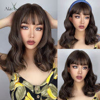 ALAN EATON Short Silky Straight Synthetic Wigs with Bangs Black Brown Lolita Bobo Wigs For Women Cosplay Daily Heat Resistant