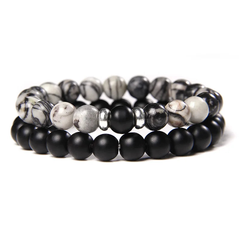 2Pcs/Set Couples Distance Bracelets male Black Lava Stone Beads bracelet female wood beads Charm Bracelets Women Men bracelet
