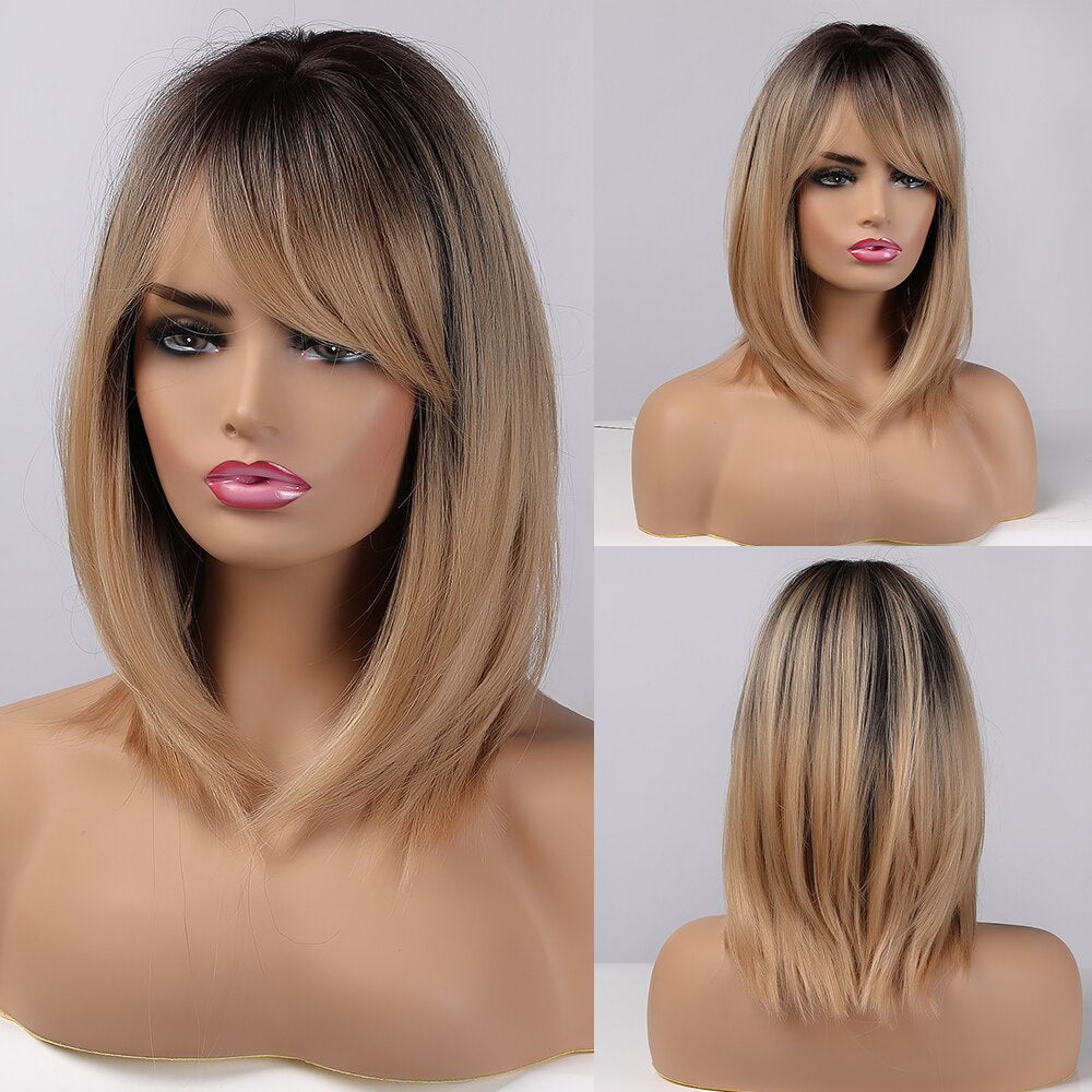 ALAN EATON Short Silky Straight Synthetic Wigs with Bangs Black Brown Lolita Bobo Wigs For Women Cosplay Daily Heat Resistant