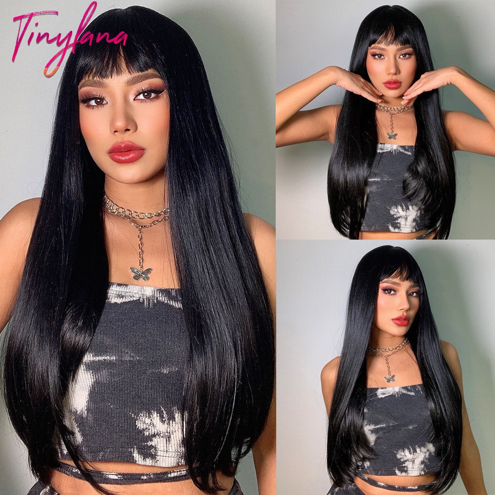 TINY LANA Natural Black Long Wavy Synthetic Wig with Bangs for Women Body Wave Dark Brown Wigs Cosplay Daily Hair Heat Resistant