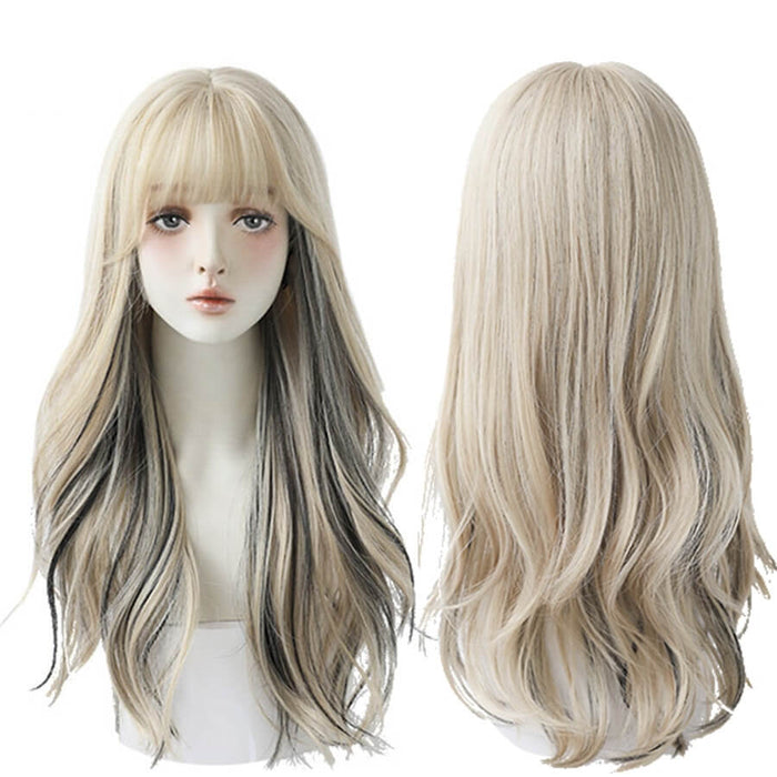 Long Wavy Curly Black Blonde Hair Highlights Synthetic Blend Wigs With Fluffy Bangs Daily Wear