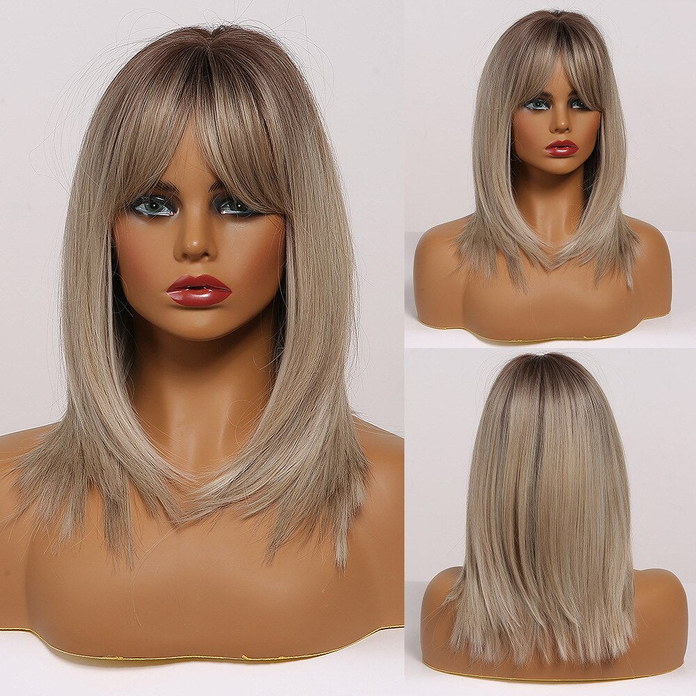 ALAN EATON Short Silky Straight Synthetic Wigs with Bangs Black Brown Lolita Bobo Wigs For Women Cosplay Daily Heat Resistant