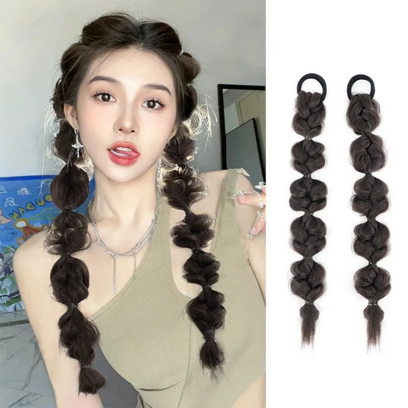 New Korean Concubine Synthetic Bubble Twist Ponytail Elastic Wig Women Hair Side Natural Lantern Braid Black Hous Tail Hairpiece