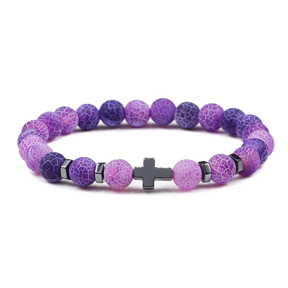 Man Hematite Cross Bracelets Wood Beads Natural Onyx Tiger Eye Lava Stone Meditation Prayer Bracelet for Women Healing Jewelry