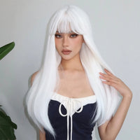 White Long Straight Synthetic Wigs for Women Colorful Cosplay Party Fake Hair with Bangs White Wig HighTemperature