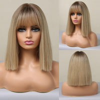 ALAN EATON Short Silky Straight Synthetic Wigs with Bangs Black Brown Lolita Bobo Wigs For Women Cosplay Daily Heat Resistant