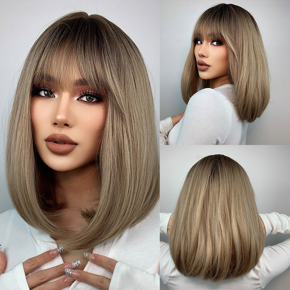 ALAN EATON Short Silky Straight Synthetic Wigs with Bangs Black Brown Lolita Bobo Wigs For Women Cosplay Daily Heat Resistant
