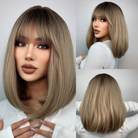ALAN EATON Short Silky Straight Synthetic Wigs with Bangs Black Brown Lolita Bobo Wigs For Women Cosplay Daily Heat Resistant
