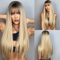 ライトワインレッド合成かつら前髪付き女性のためのロングストレートヘアウィッグナチュラルコスプレパーティー耐熱