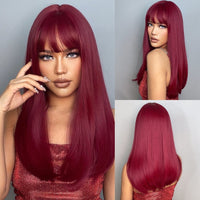 ライトワインレッド合成かつら前髪付き女性のためのロングストレートヘアウィッグナチュラルコスプレパーティー耐熱