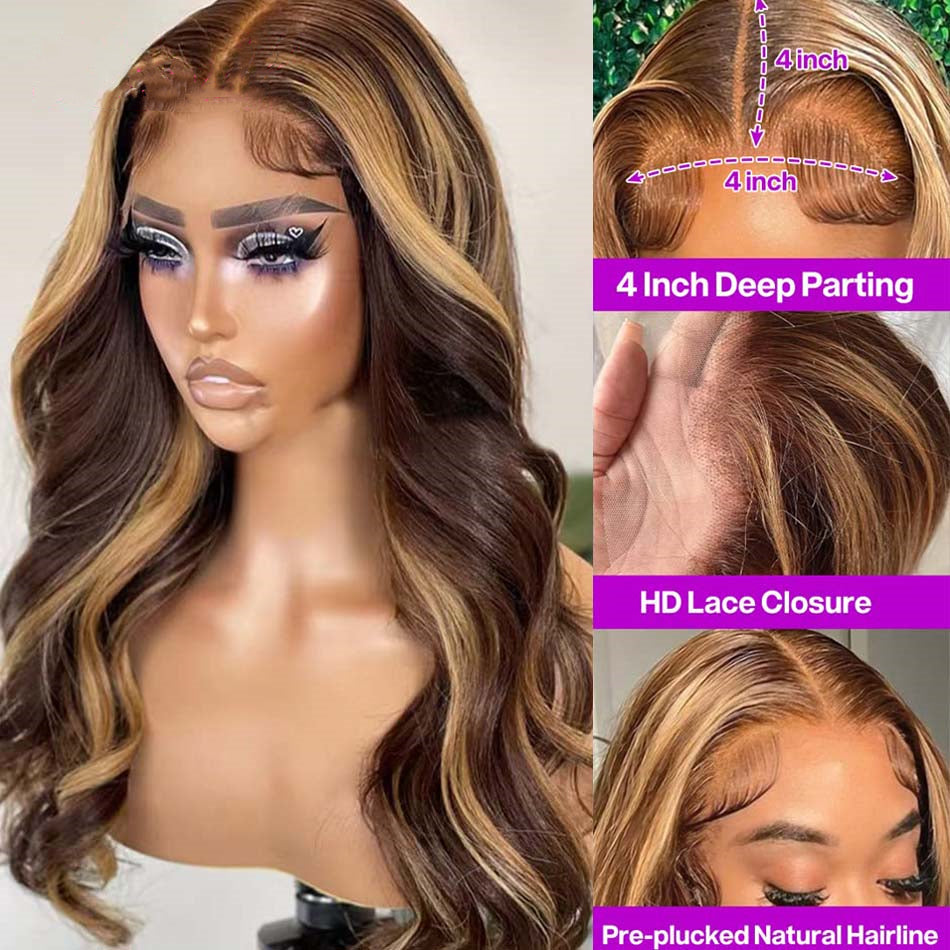 HD Transparent Lace Front Wigs 4/27 Highlight Wig Body Wave Human Hair 13x4/13x6 Lace Frontal Wigs Pre Plucked Natural Hairline