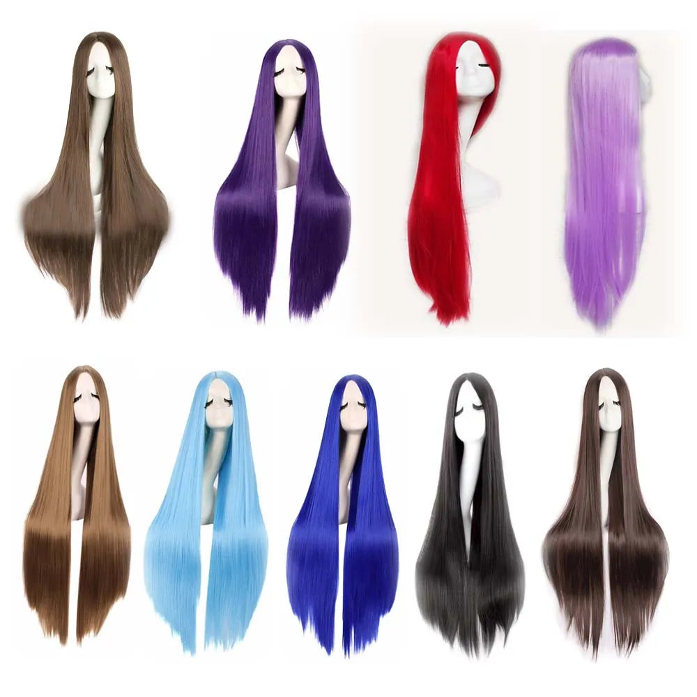 40inch Black Synthetic Cosplay Wig 100cm for Women Halloween Party Middle Part