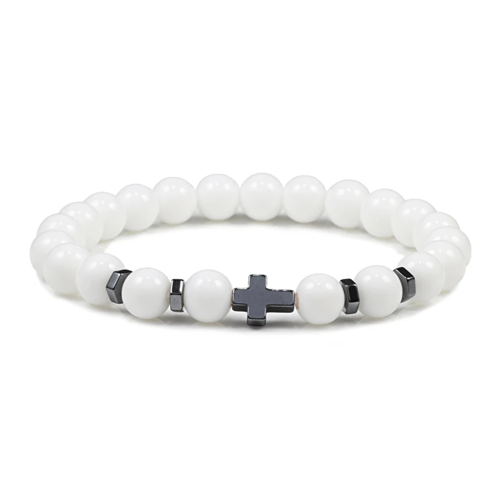 Man Hematite Cross Bracelets Wood Beads Natural Onyx Tiger Eye Lava Stone Meditation Prayer Bracelet for Women Healing Jewelry
