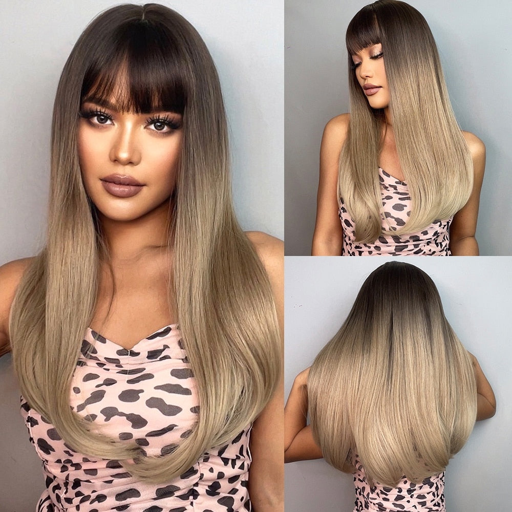 ライトワインレッド合成かつら前髪付き女性のためのロングストレートヘアウィッグナチュラルコスプレパーティー耐熱