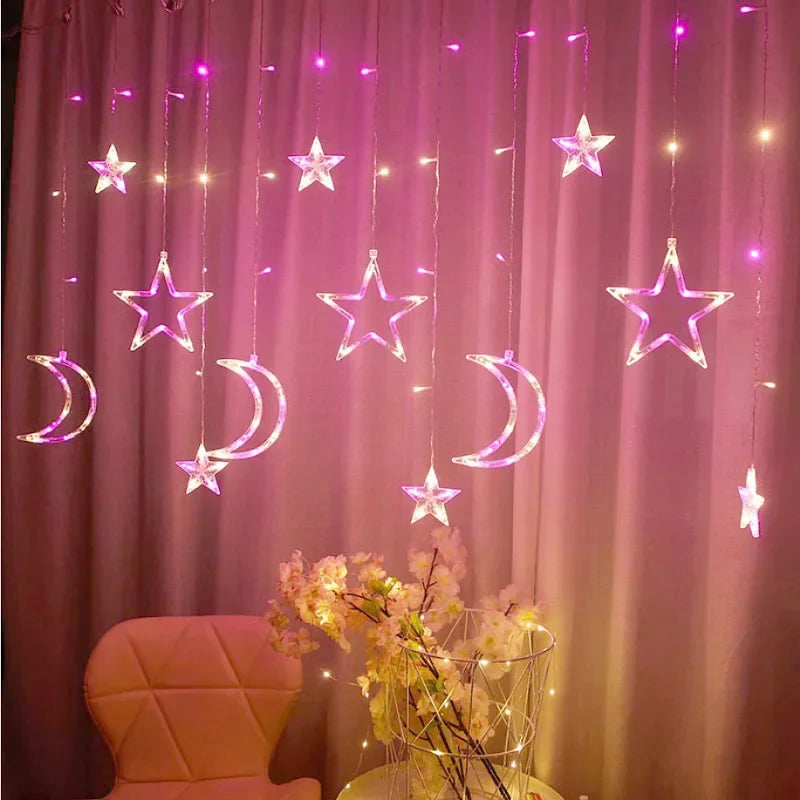 Led Fairy Curtain Lights Moon Stars of String Light with Remote Indoor Outdoor Decorative Christmas Twinkle lamp for Bedroom