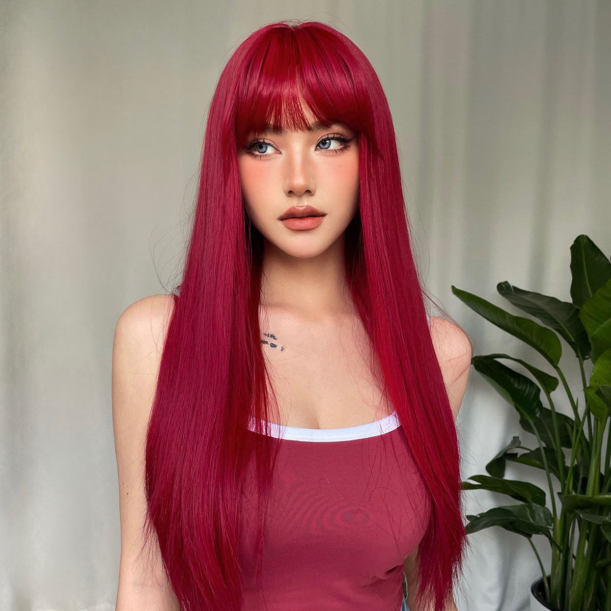 Light Wine Red Synthetic Wigs With Bangs for Women Long Straight Hair Wig Natural Cosplay Party Heat Resistant