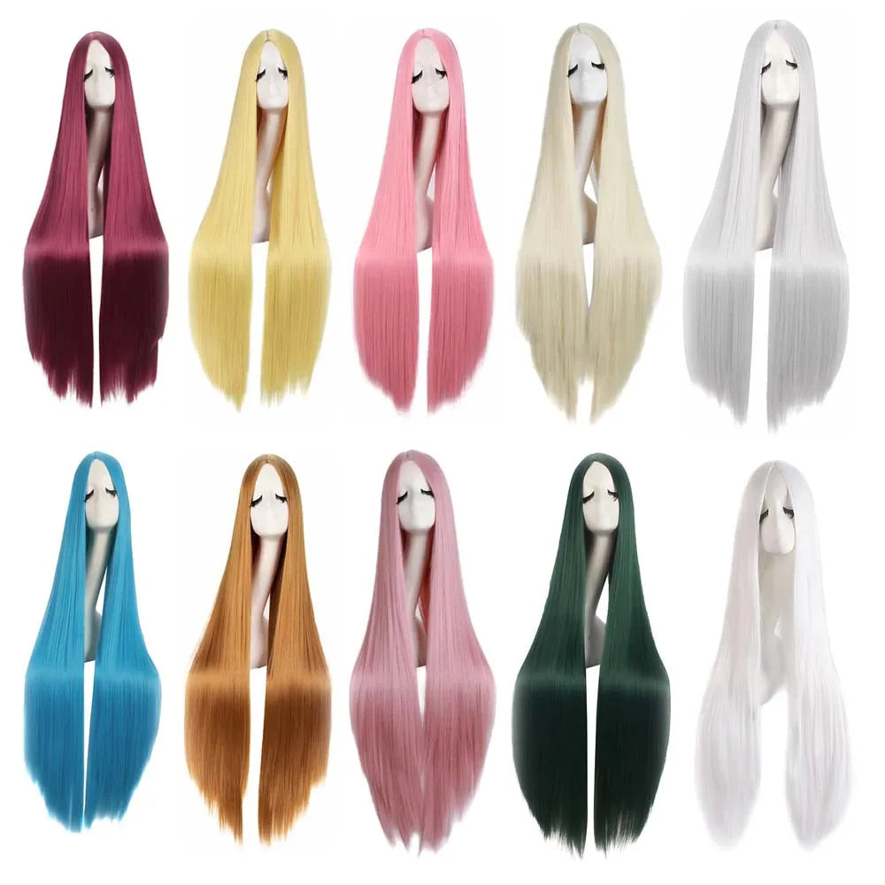 40inch Black Synthetic Cosplay Wig 100cm for Women Halloween Party Middle Part