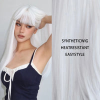 White Long Straight Synthetic Wigs for Women Colorful Cosplay Party Fake Hair with Bangs White Wig HighTemperature