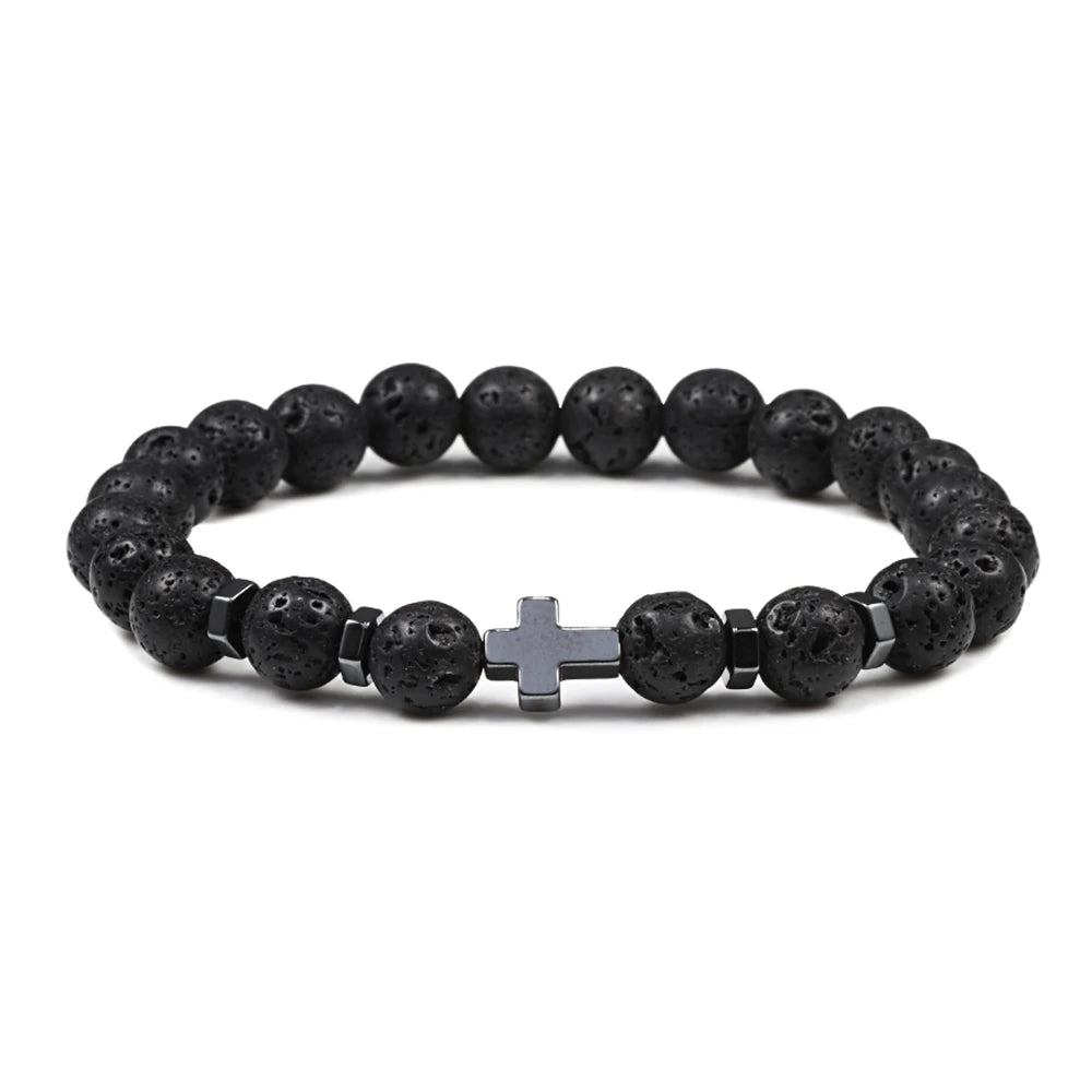 Man Hematite Cross Bracelets Wood Beads Natural Onyx Tiger Eye Lava Stone Meditation Prayer Bracelet for Women Healing Jewelry