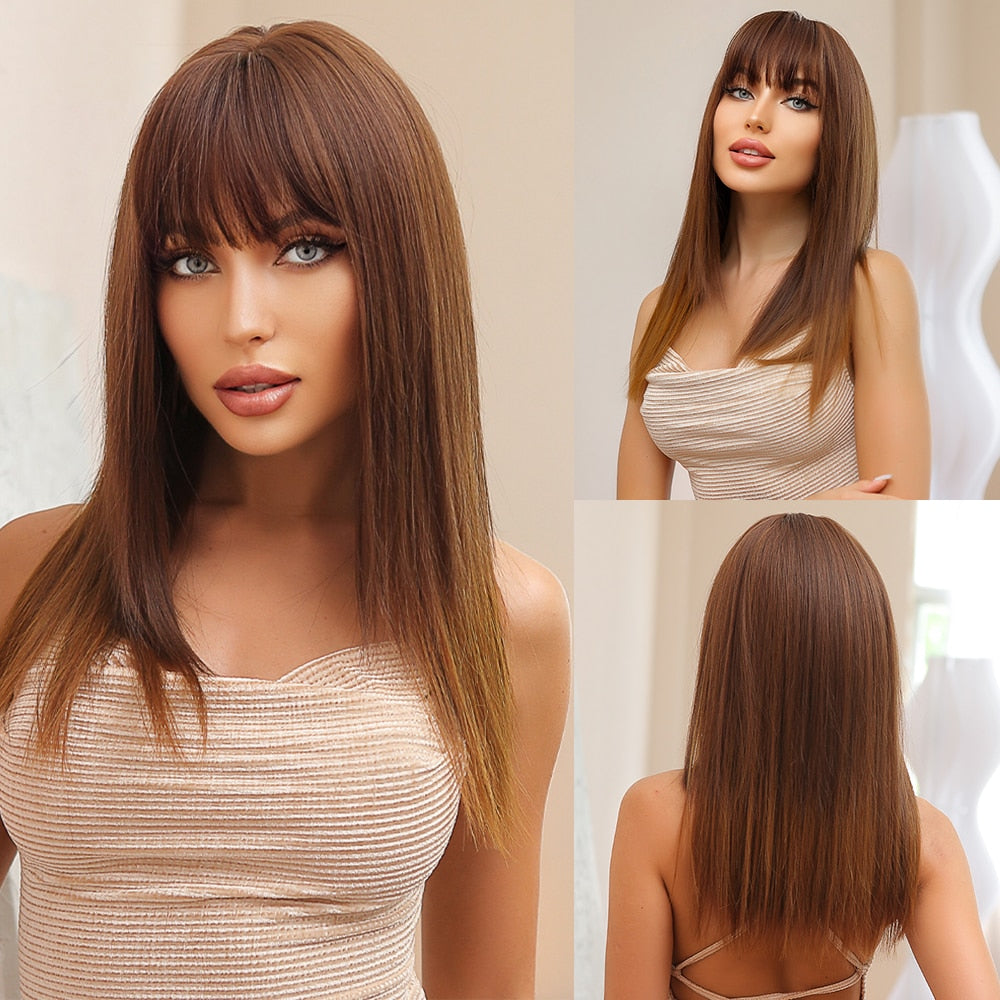 ALAN EATON Short Silky Straight Synthetic Wigs with Bangs Black Brown Lolita Bobo Wigs For Women Cosplay Daily Heat Resistant