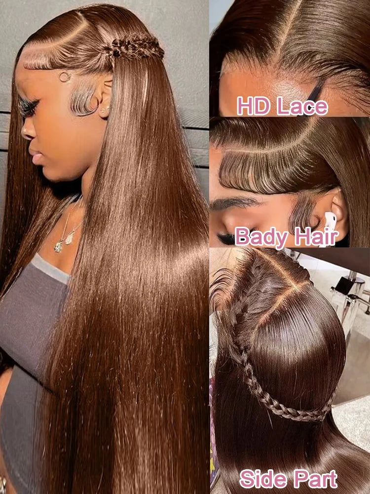 Chocolate Brown Straight 13x4 13x6 Hd Lace Frontal Wig Brazilian Colored T Part Human Hair Wigs For Women Preplucked 30 36 Inch