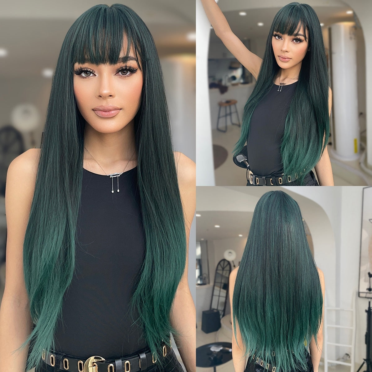 ライトワインレッド合成かつら前髪付き女性のためのロングストレートヘアウィッグナチュラルコスプレパーティー耐熱