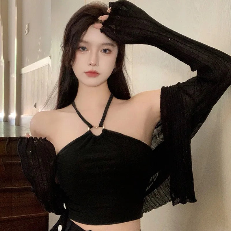 Summer Camisole Crop Top Solid Color Exposed Navel Sweet Hollowed Out
