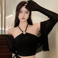 Summer Camisole Crop Top Solid Color Exposed Navel Sweet Hollowed Out