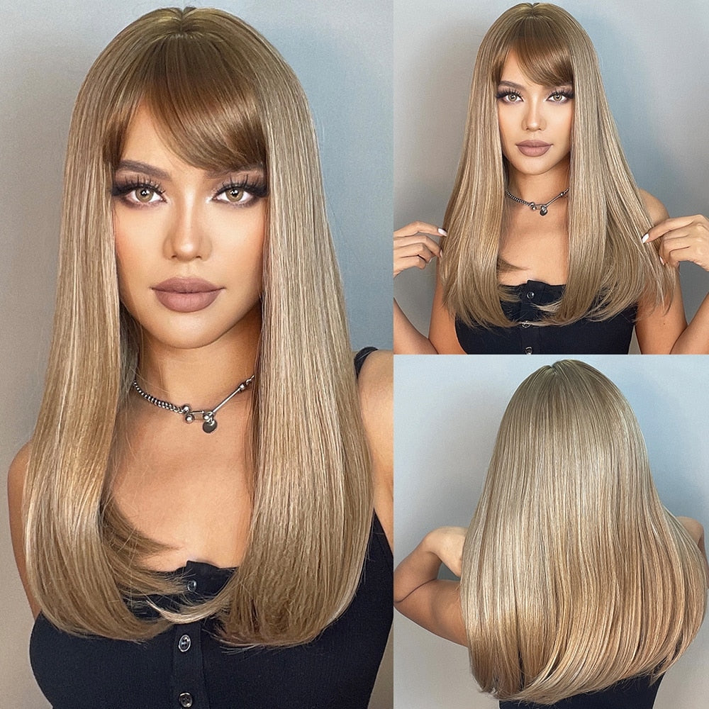 ライトワインレッド合成かつら前髪付き女性のためのロングストレートヘアウィッグナチュラルコスプレパーティー耐熱