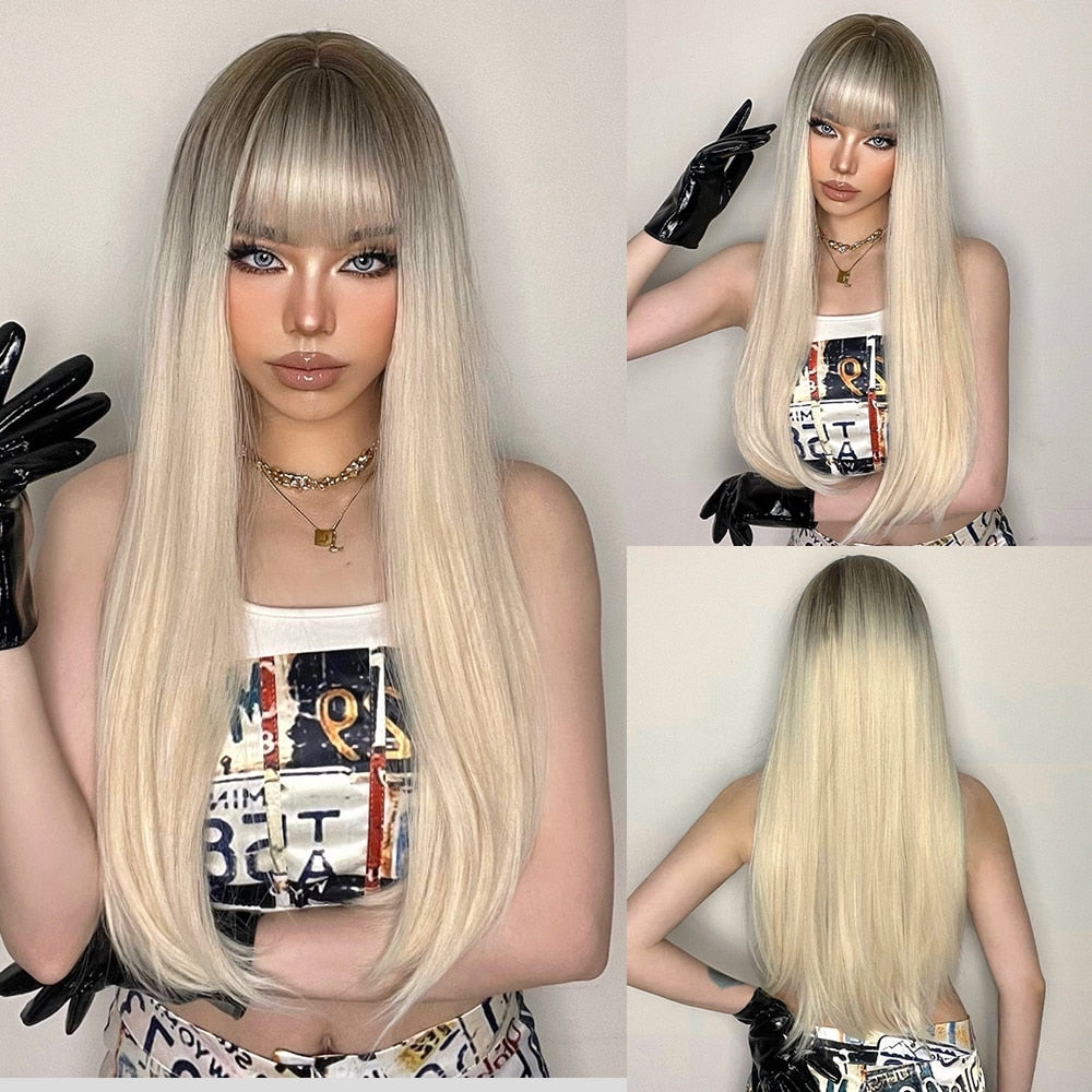 ライトワインレッド合成かつら前髪付き女性のためのロングストレートヘアウィッグナチュラルコスプレパーティー耐熱