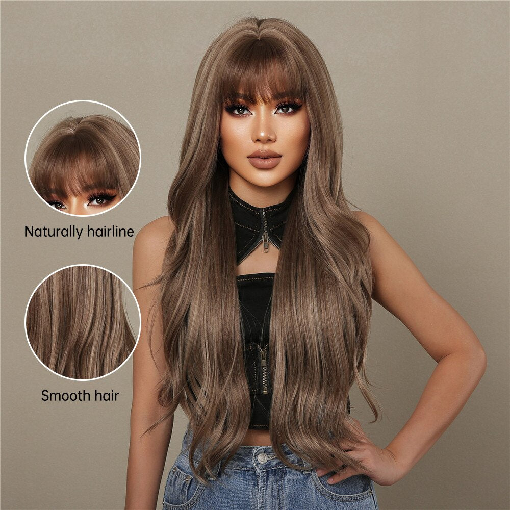 HAIRCUBE Brown Mixed Blonde Synthetic Wigs with Bang Long Natural Wavy Hair Wig for Women Daily Cosplay Use Heat Resistant