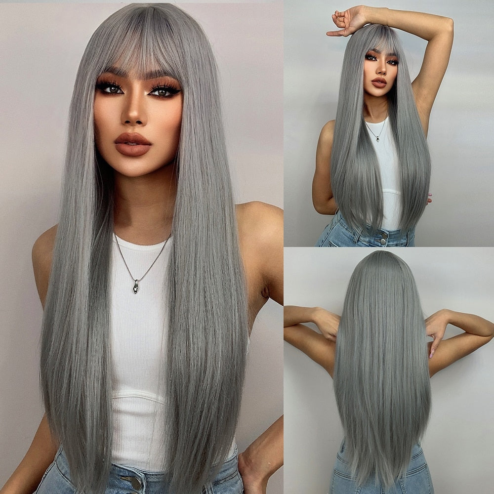 ライトワインレッド合成かつら前髪付き女性のためのロングストレートヘアウィッグナチュラルコスプレパーティー耐熱